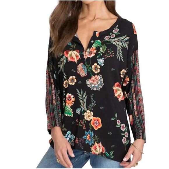 Johnny Was Ardell Long Sleeve Henley Top Dark Floral Print M - Picture 1 of 8